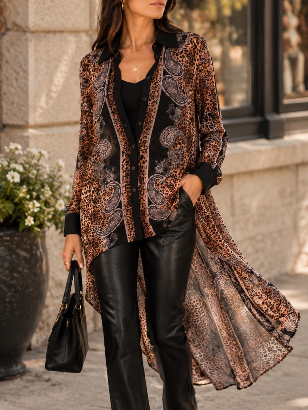 Melanie Lyne Leopard Paisley Chiffon High Low Tunic Top Sz 14 Sheer Shirt Blouse